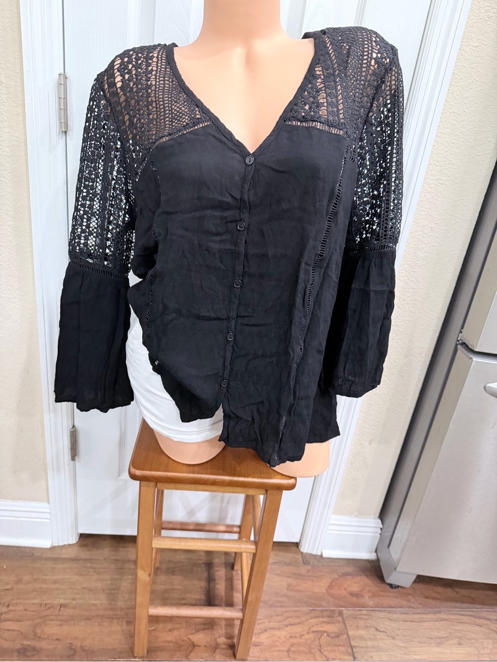 Boho Black Crochet Lace Blouse Bell Sleeve Sheer Festival Top XL Flowy Peasant